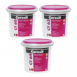 Ceresit CT 60/CT 63/СТ 64. Акриловые декоративные штукатурки: «камешковая» 1,5/2,5 мм и «короед» 3,0 мм и 2,0 мм