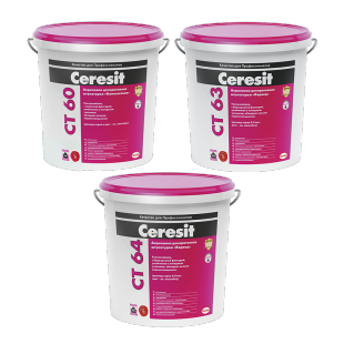 Ceresit CT 60/CT 63/СТ 64. Акриловые декоративные штукатурки: «камешковая» 1,5/2,5 мм и «короед» 3,0 мм и 2,0 мм фото 1